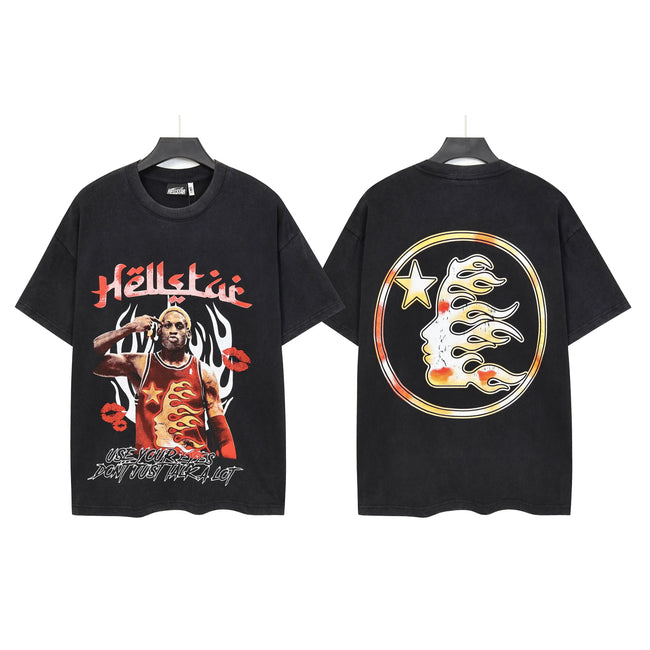HELLSTAR Basketball Player Portrait Flame Circle Logo Double‑Sided Short Sleeve Tee Black Washed Streetwear T‑Shirt Hover Image