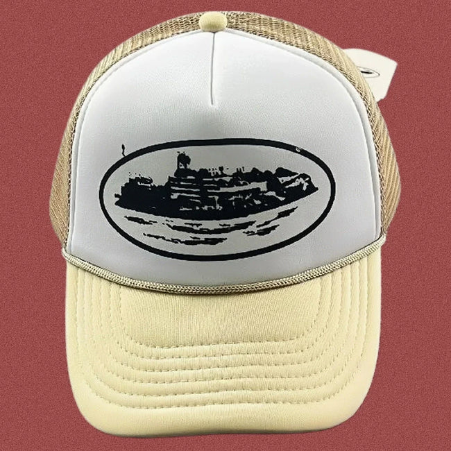 Corteiz Vintage Cream and White Trucker Hat with Oval Cruise Ship Graphic Hover Image