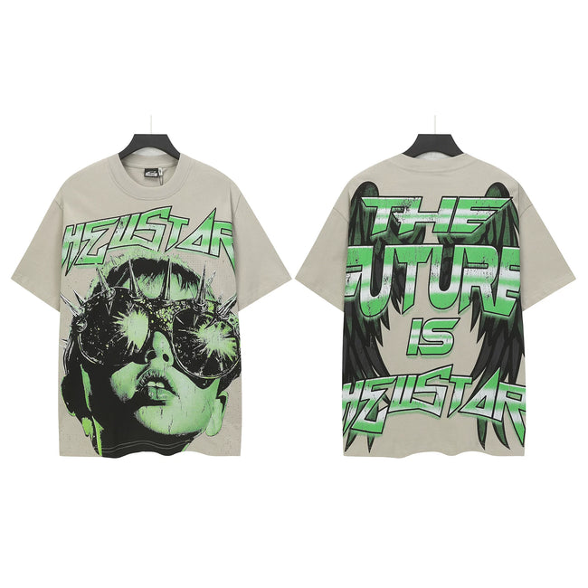 HELLSTAR "The Future Is Hellstar" Spiked Sunglasses Portrait Double‑Sided Short Sleeve Tee Beige Streetwear T‑Shirt Hover Image