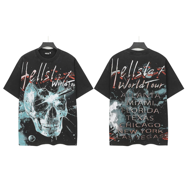 HELLSTAR World Tour Cracked Skull Double‑Sided Short Sleeve Tee Black Washed Streetwear T‑Shirt Hover Image