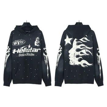 HELLSTAR Studded Vintage Flame‑Face Oversized Black Hoodie Streetwear Sweatshirt
