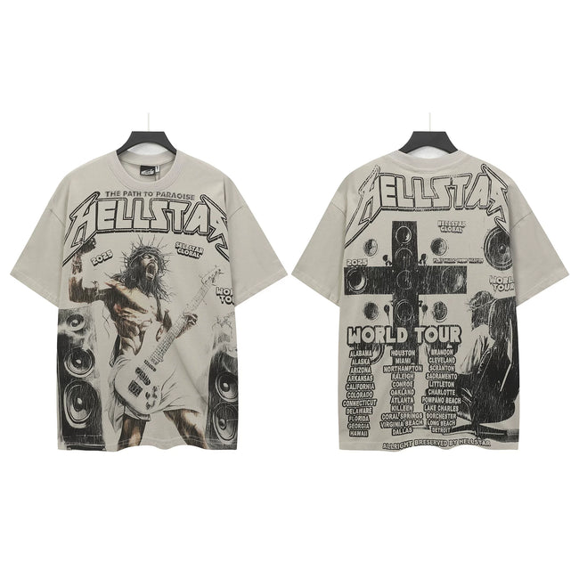 HELLSTAR World Tour Rock Guitarist Cross Double‑Sided Vintage Short Sleeve Tee Beige Streetwear T‑Shirt Hover Image