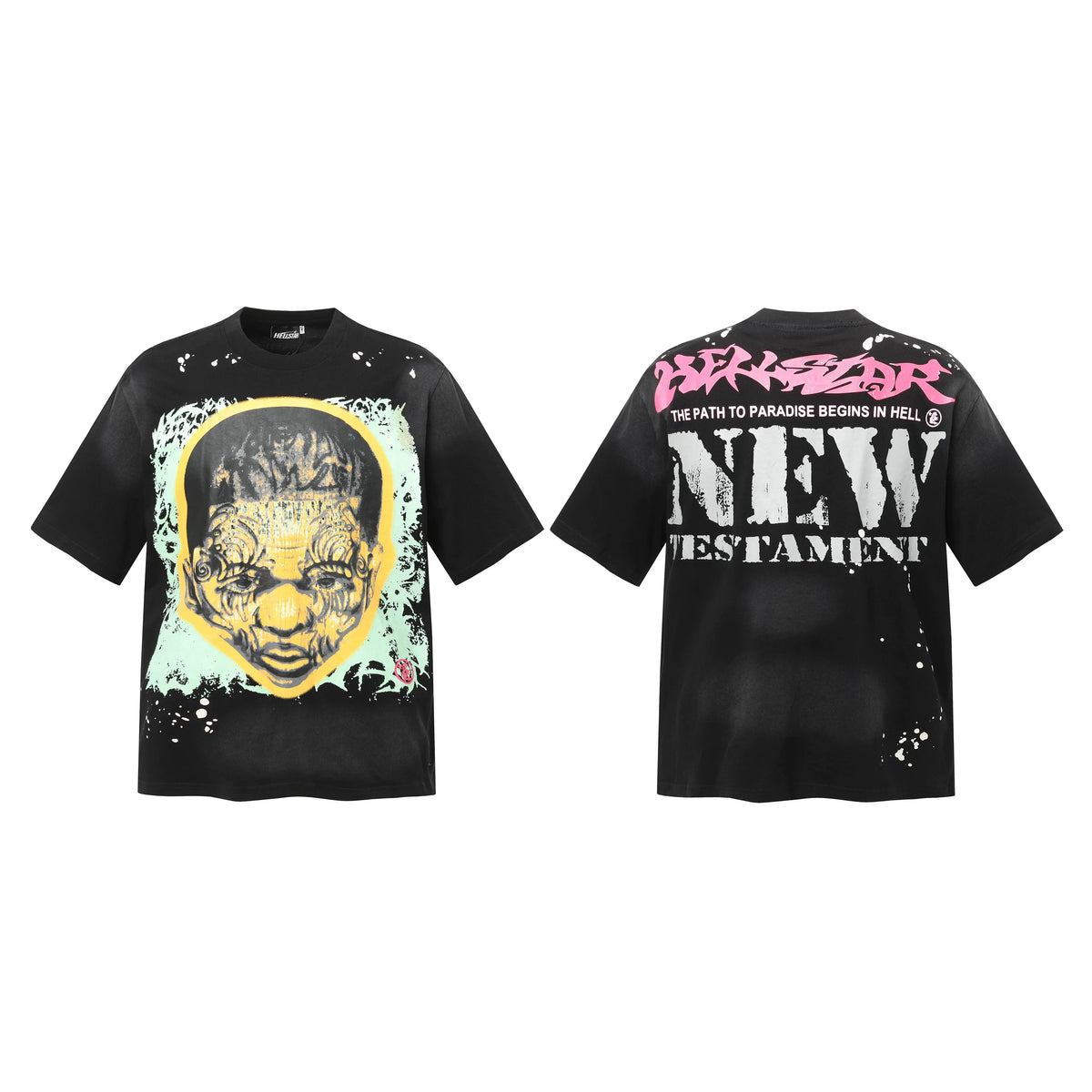 HELLSTAR "New Testament" Distressed Portrait Double‑Sided Short Sleeve Tee Black Streetwear T‑Shirt