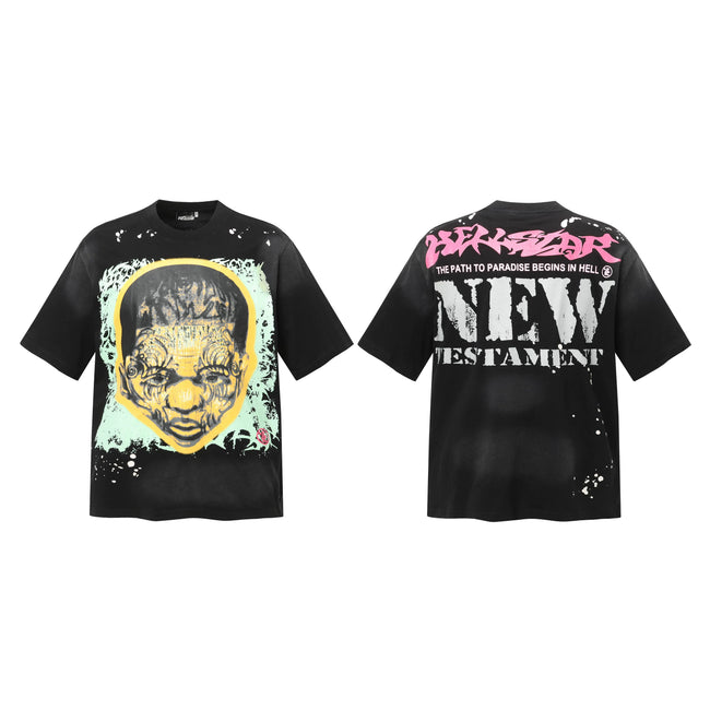 HELLSTAR "New Testament" Distressed Portrait Double‑Sided Short Sleeve Tee Black Streetwear T‑Shirt Hover Image
