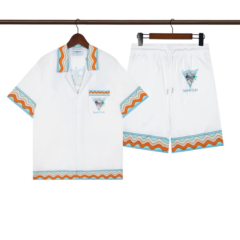 Casablanca White Base Orange Wavy Trim Tennis Logo Shirt & Shorts Two Piece Set