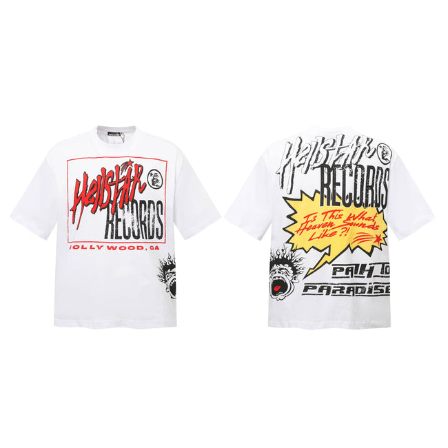 HELLSTAR Records Comic Speech Bubble Double‑Sided Vintage Washed Short Sleeve Tee White Streetwear T‑Shirt Hover Image