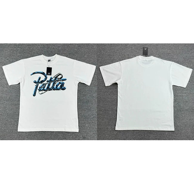 Patta Blue Script Logo White Short Sleeve T-Shirt Unisex Hover Image