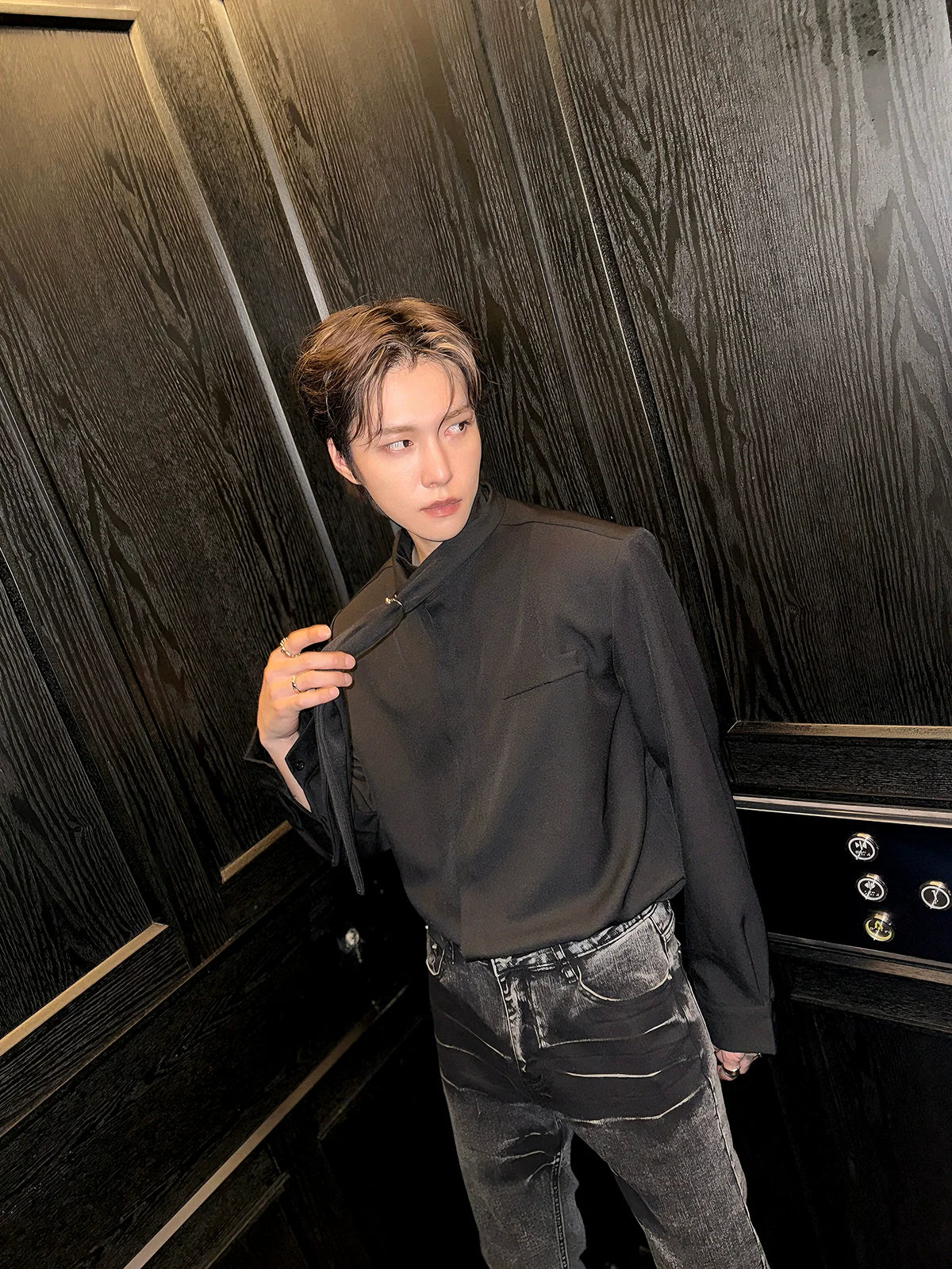 Stand Collar Tie Long Sleeve Shirt