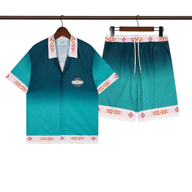Casablanca Teal Solid Color Chest Logo Shirt & Shorts Two Piece Set Hover Image