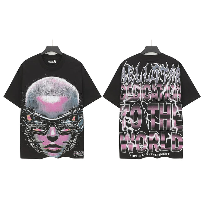 HELLSTAR "Dedication To The World" Cyber Portrait Double‑Sided Short Sleeve Tee Black Streetwear T‑Shirt Hover Image
