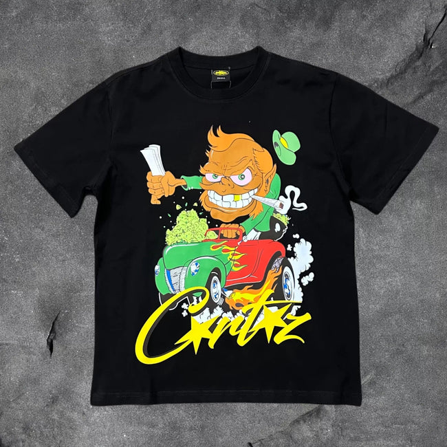 Corteiz Cartoon Hot Rod Graphic Tee - Black Streetwear T-Shirt Hover Image