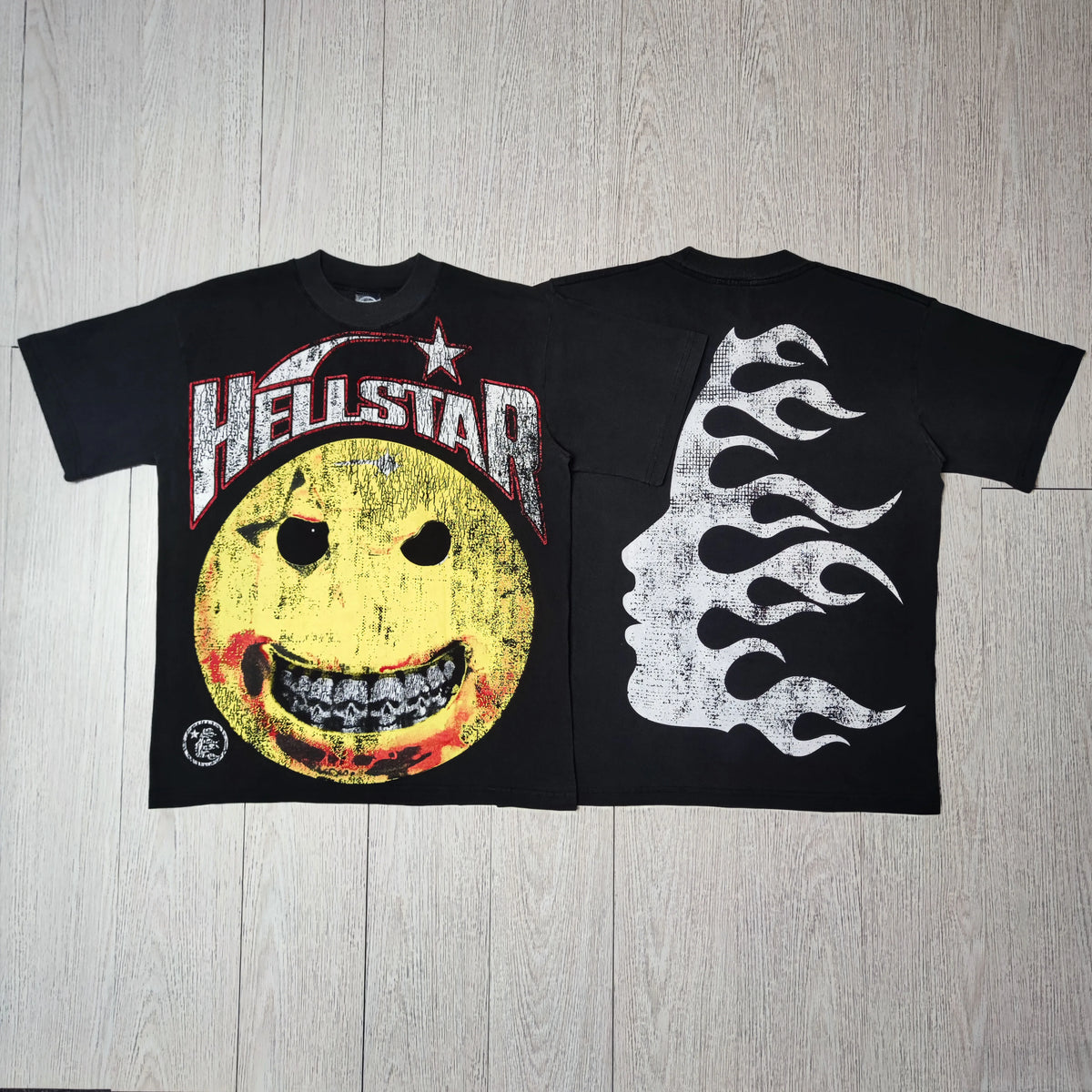 HELLSTAR Distressed Evil Smiley Face Vintage Washed Short Sleeve Tee Black Streetwear T‑Shirt