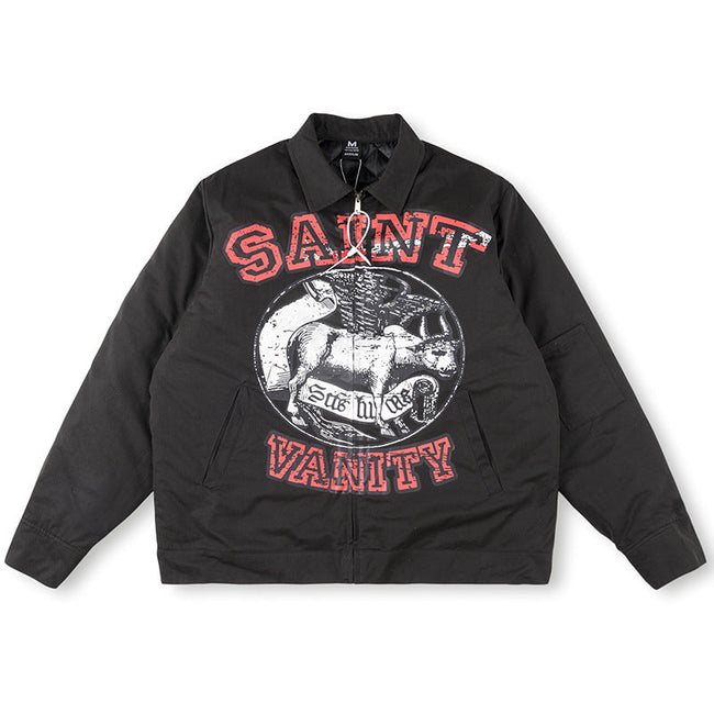 Saint Vanity Bull Graphic Zip Work Jacket - Black Hover Image