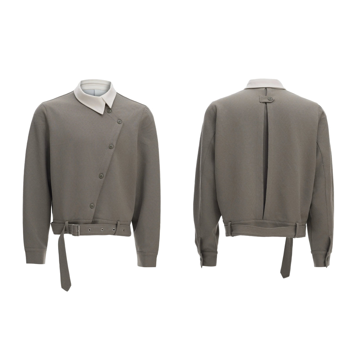 Oblique Button Pointed Collar Belted Shirt