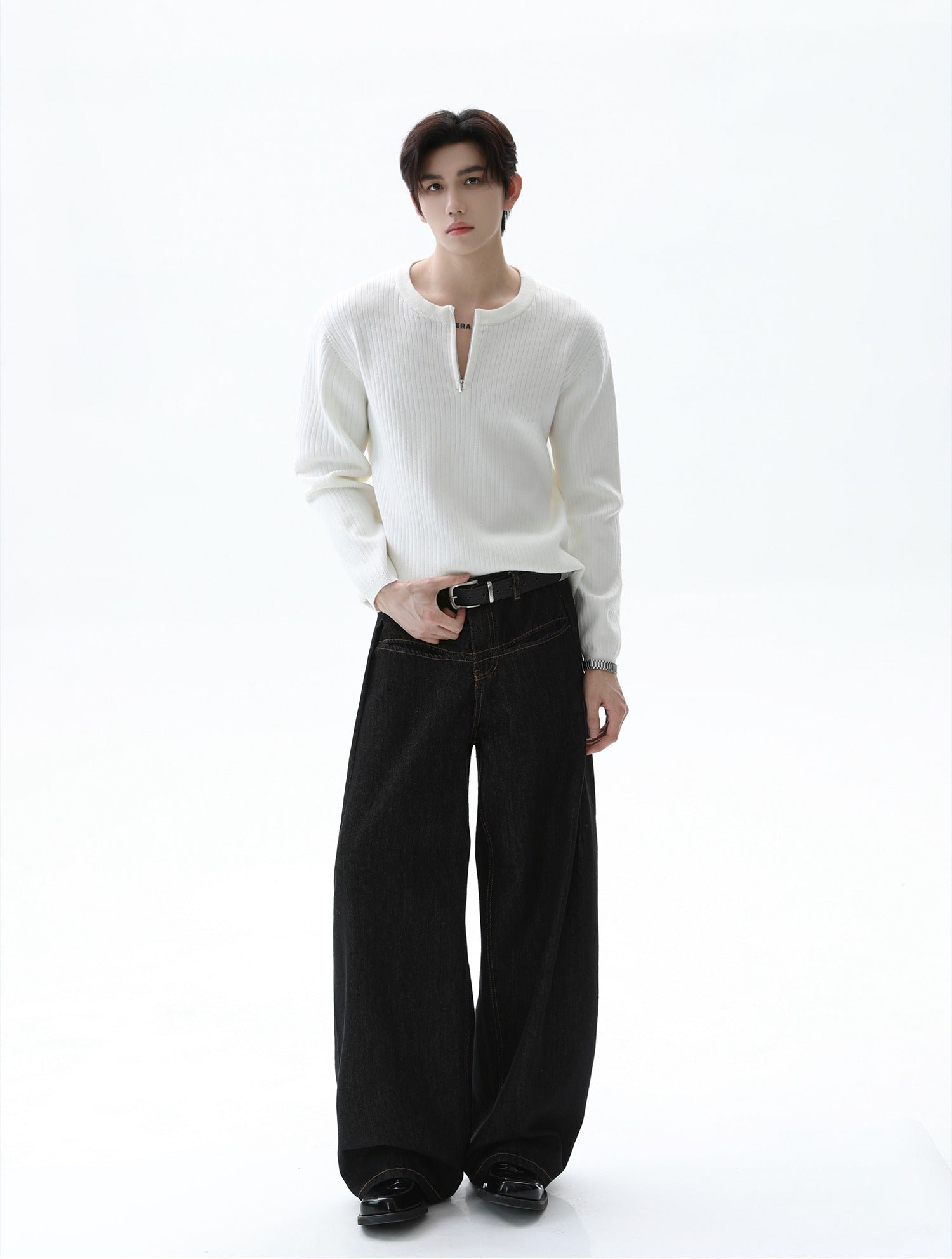 Half-Zip Ribbed Knit Stand Collar Sweater