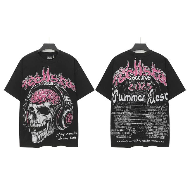 HELLSTAR 2025 Summer Fest Headset Skull Brain Double‑Sided Short Sleeve Tee Black Washed Streetwear T‑Shirt Hover Image