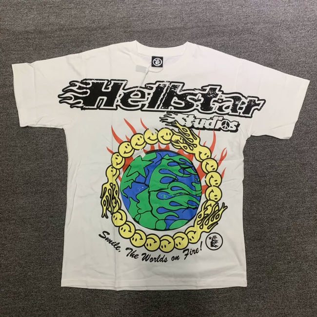 HELLSTAR Studios Smile The World Is On Fire Vintage Washed Short Sleeve Tee White Streetwear T‑Shirt Hover Image