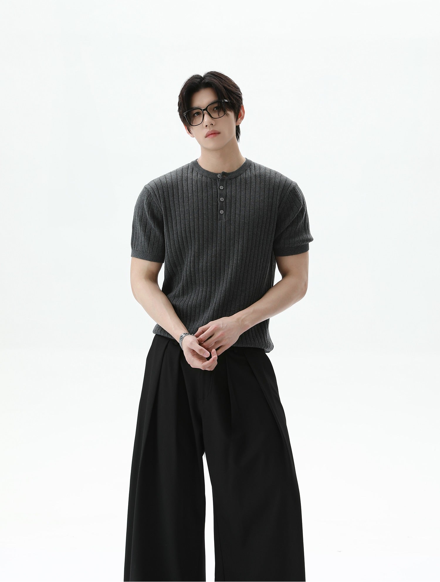 Ribbed Knit Short Sleeve Henley Shirt