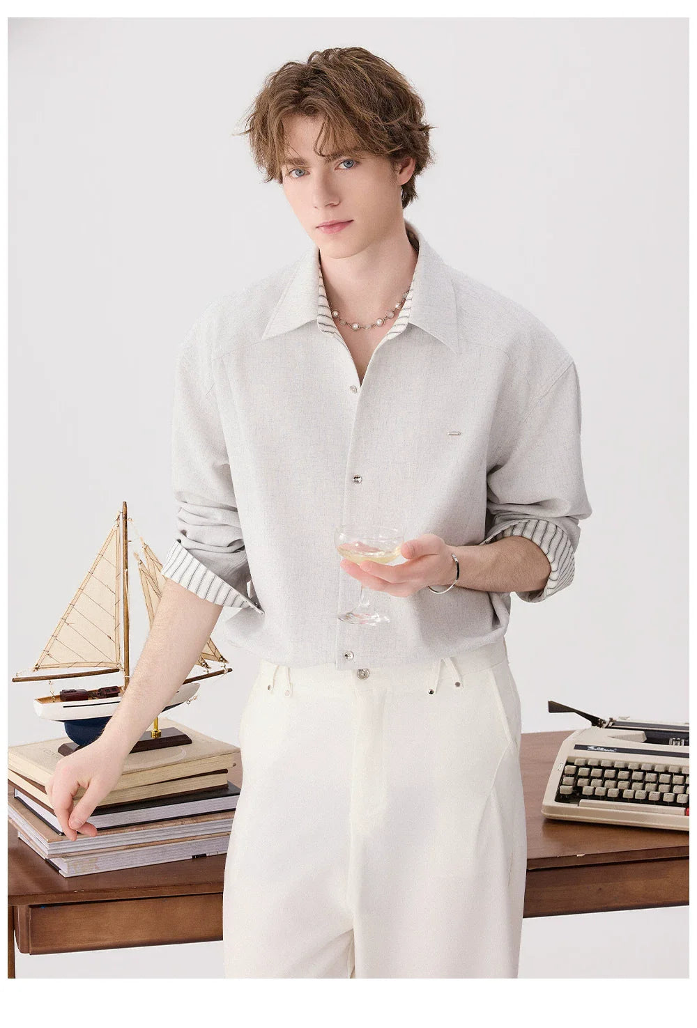 Linen Blend Striped Collar Button Shirt
