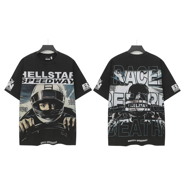 HELLSTAR Speedway Racer Race Before Death Double‑Sided Short Sleeve Tee Black Vintage Washed Streetwear T‑Shirt Hover Image
