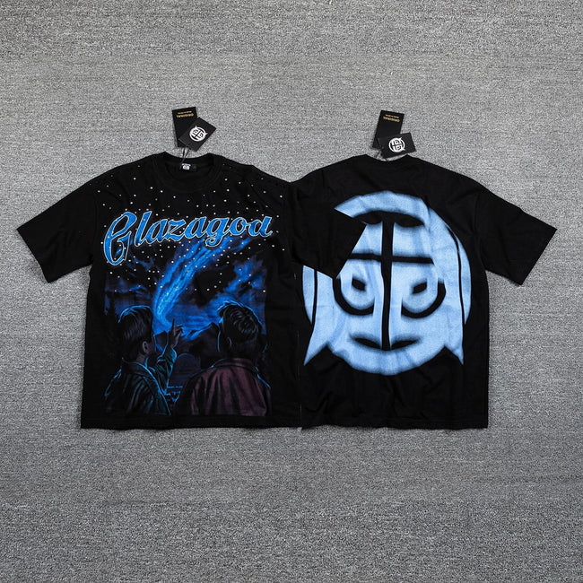 GLAZA GOD Men's Y2K Graphic Oversized T-Shirt – Vintage Streetwear Double-Sided Print Casual Tee Hover Image