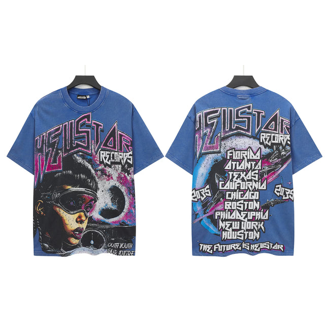 HELLSTAR Records Futuristic Goggle Portrait Double‑Sided Short Sleeve Tee Blue Washed Streetwear T‑Shirt Hover Image