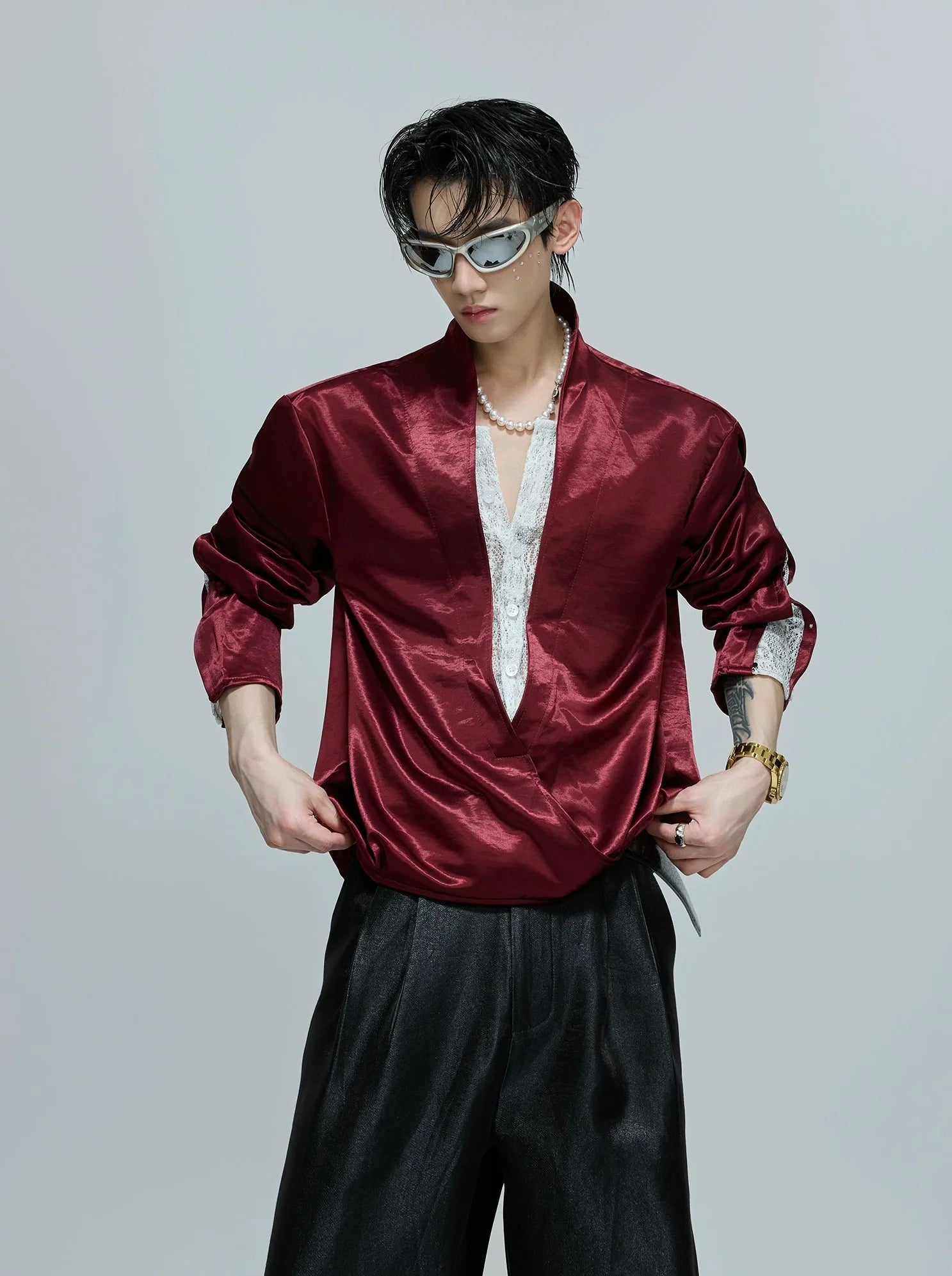 V-neck Satin Lace Loose Fit Shirt