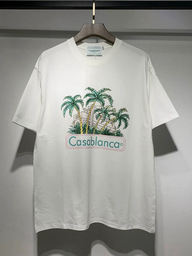 Casablanca Palm Tree Resort Graphic White Short Sleeve T-Shirt Unisex Hover Image