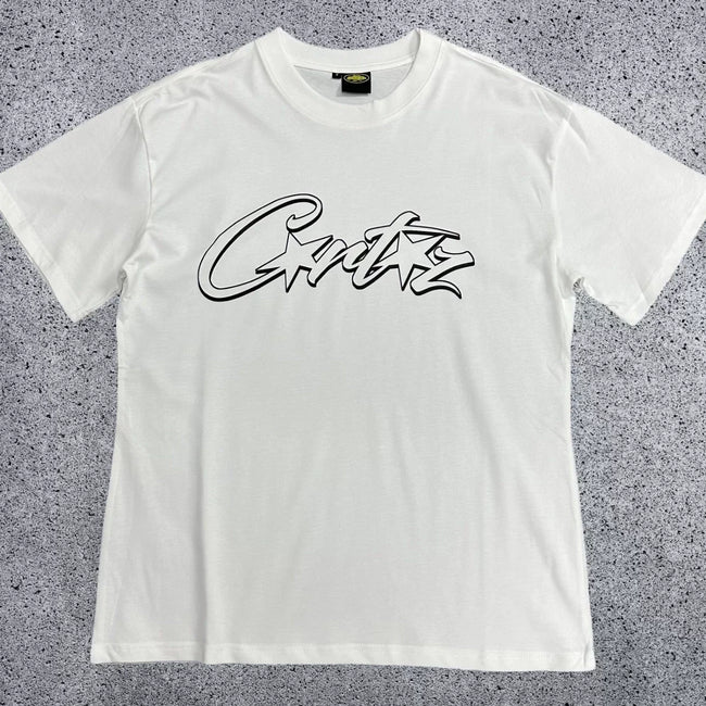 Monochrome Star-Logo Graphic Tee - White & Black Streetwear T-Shirt Hover Image