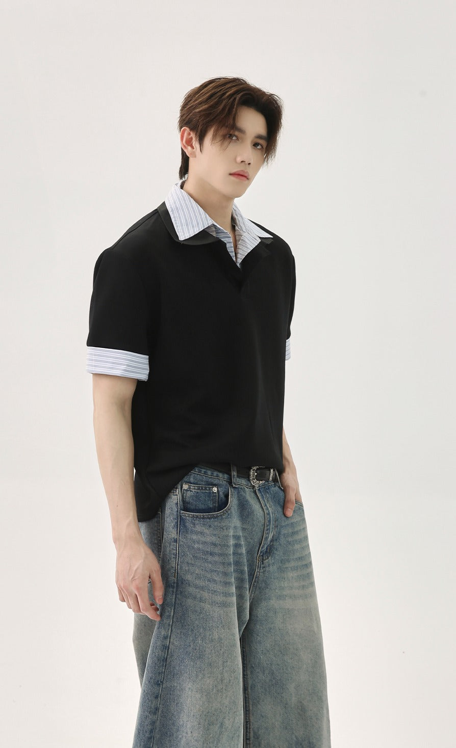 Patchwork Striped Loose Polo Pullover