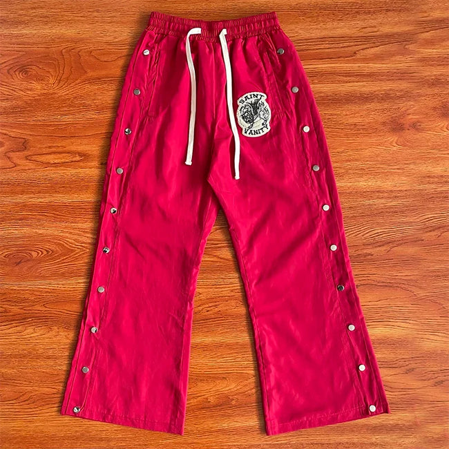 SAINT VANITY Embroidered Rivet Sports Style Casual Windbreaker Pants - Red Hover Image