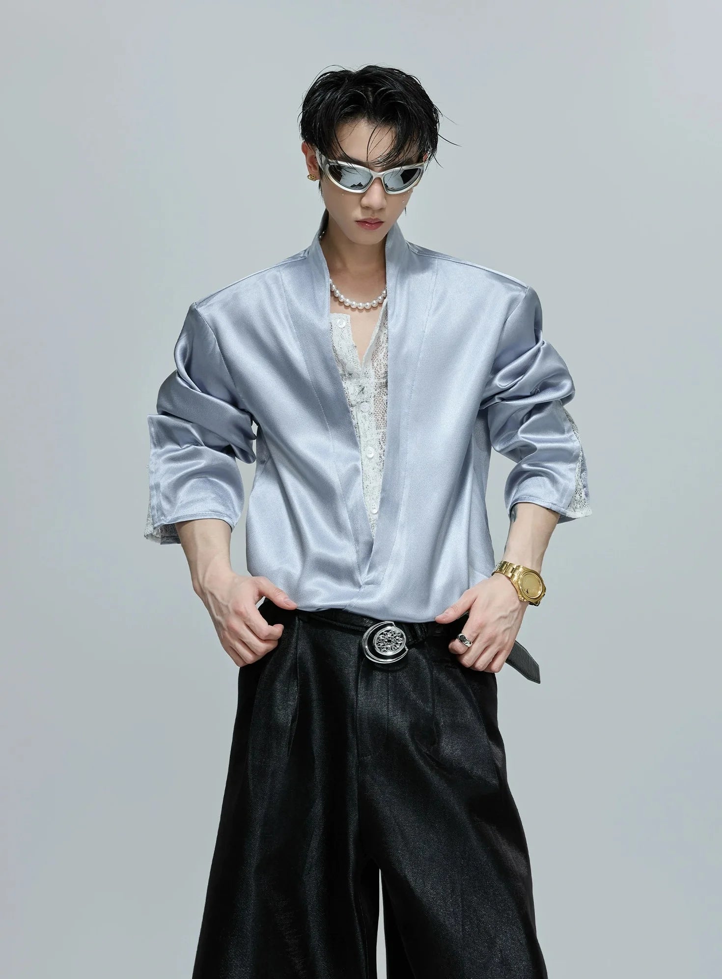 V-neck Satin Lace Loose Fit Shirt