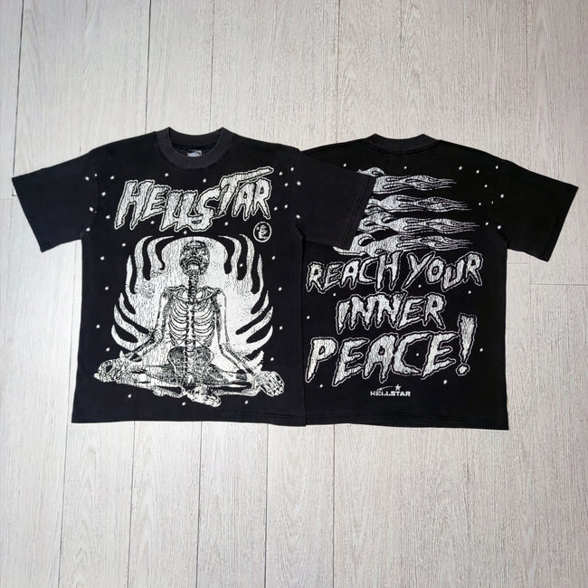 HELLSTAR Reach Your Inner Peace Skeleton Meditation Vintage Washed Short Sleeve Tee Black Streetwear T‑Shirt Hover Image