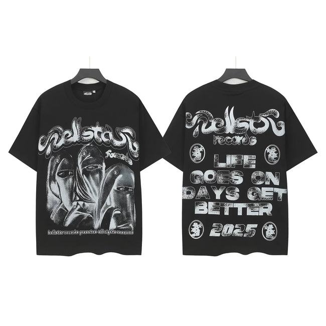 HELLSTAR Records 2025 Balaclava Mask Graphic Double‑Sided Short Sleeve Tee Black Streetwear T‑Shirt Hover Image