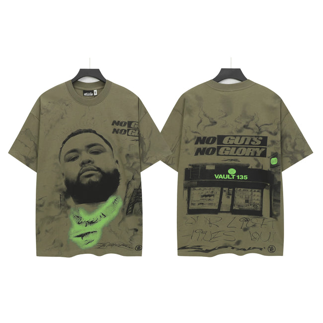 HELLSTAR No Guts No Glory Portrait Double‑Sided Vintage Washed Short Sleeve Tee Olive Streetwear T‑Shirt Hover Image