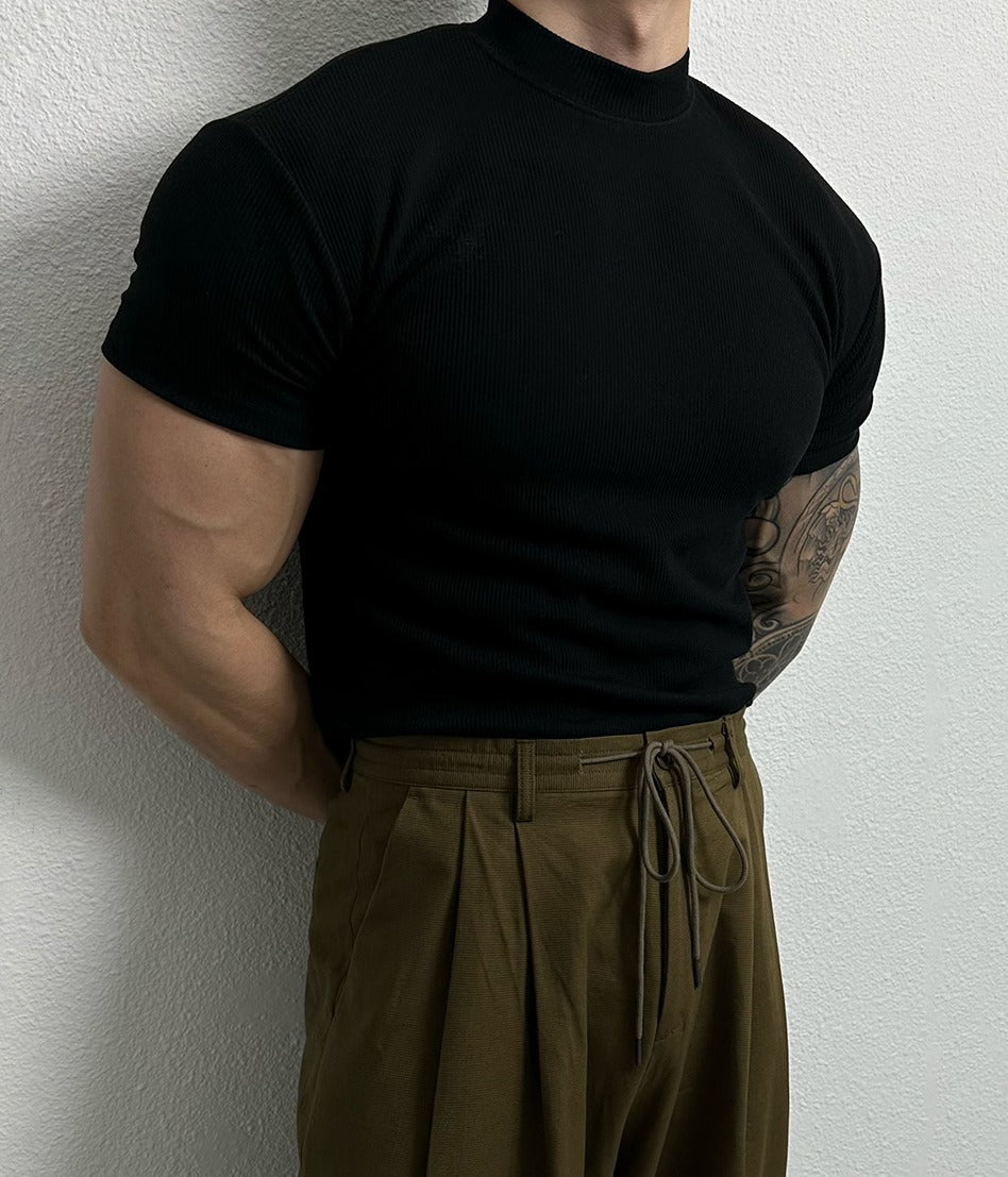 Ribbed Half Turtleneck Short Sleeve Pullover