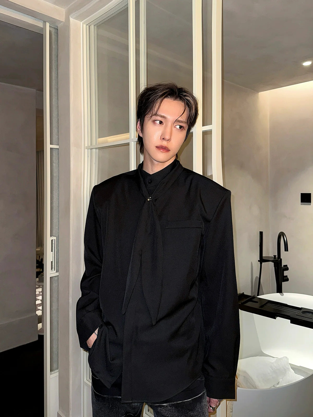 Stand Collar Tie Long Sleeve Shirt