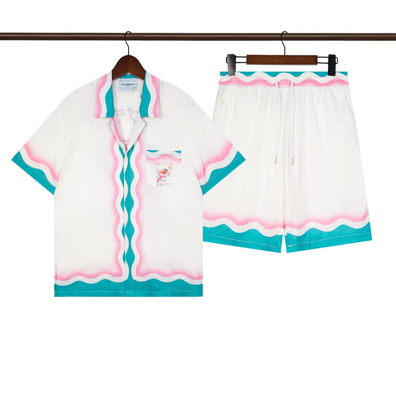 Casablanca White Base Pink Wavy Border Print Shirt & Shorts Two Piece Set