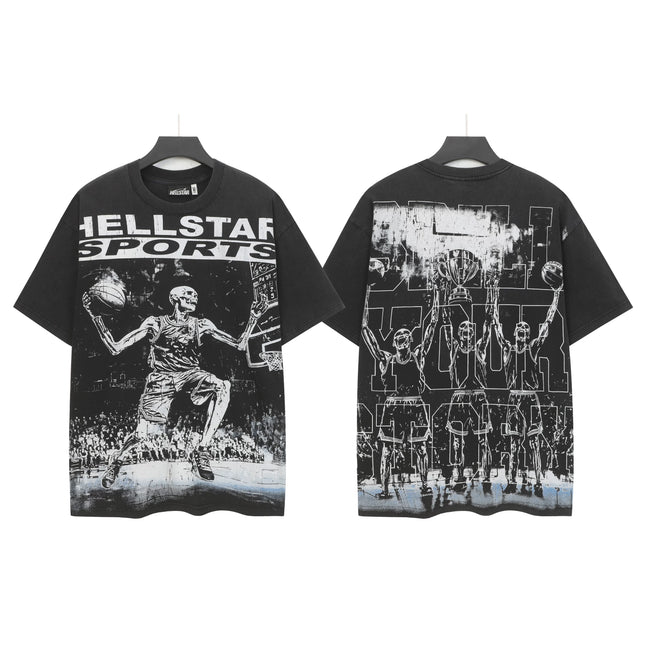HELLSTAR SPORTS Skeleton Basketball Dunk Double‑Sided Short Sleeve Tee Black Washed Streetwear T‑Shirt Hover Image