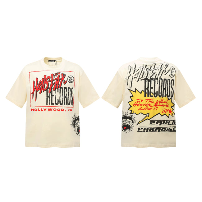 HELLSTAR Records Comic Speech Bubble Double‑Sided Vintage Washed Short Sleeve Tee Cream Streetwear T‑Shirt Hover Image
