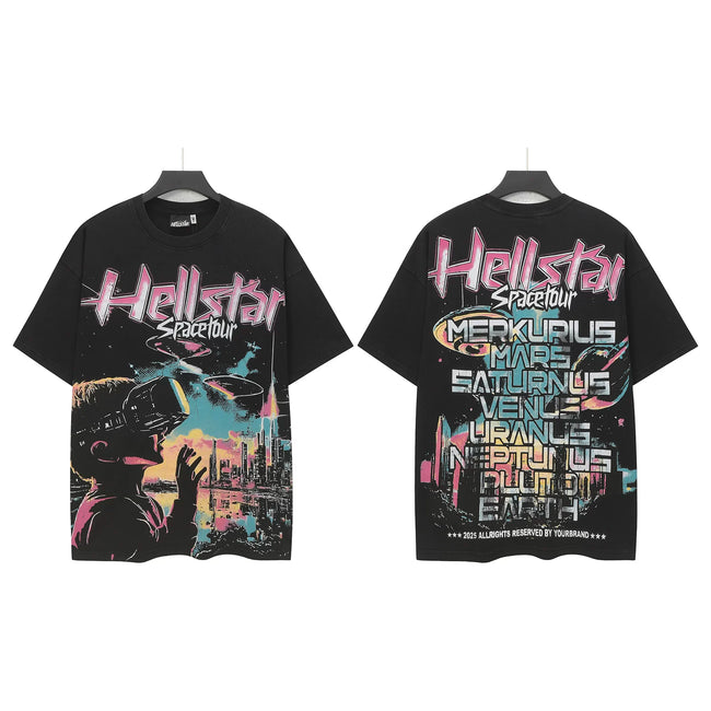 HELLSTAR Space Tour Cosmic Cowboy Planets List Double‑Sided Short Sleeve Tee Black Washed Streetwear T‑Shirt Hover Image