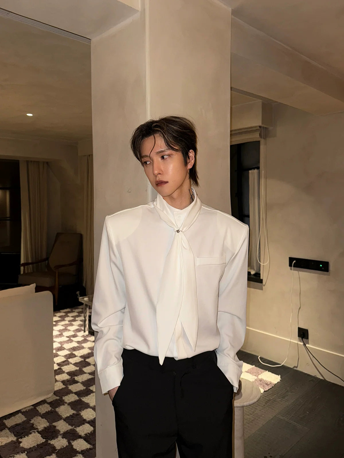 Stand Collar Tie Long Sleeve Shirt