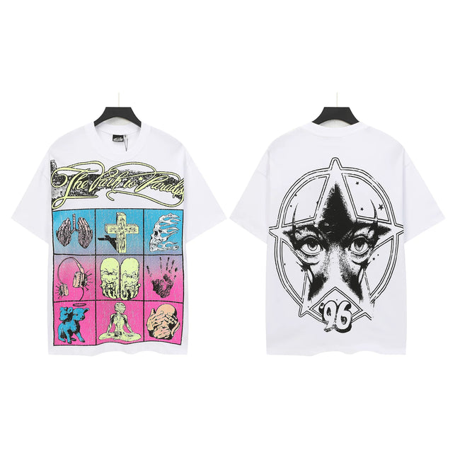 HELLSTAR 96 Tarot Grid Pentagram Eyes Double‑Sided Vintage Washed Short Sleeve Tee White Streetwear T‑Shirt Hover Image