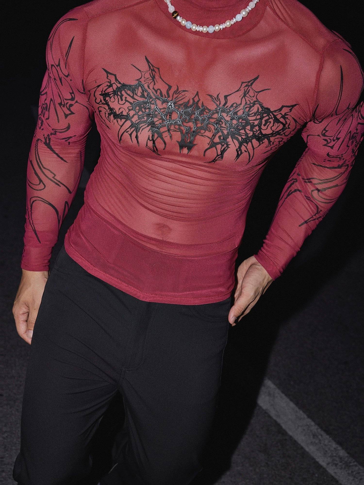 Sheer Gothic Print Slim Fit Pullover