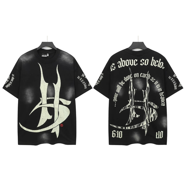 HELLSTAR "As Above So Below" Gothic HS Monogram Double‑Sided Short Sleeve Tee Black Washed Streetwear T‑Shirt Hover Image