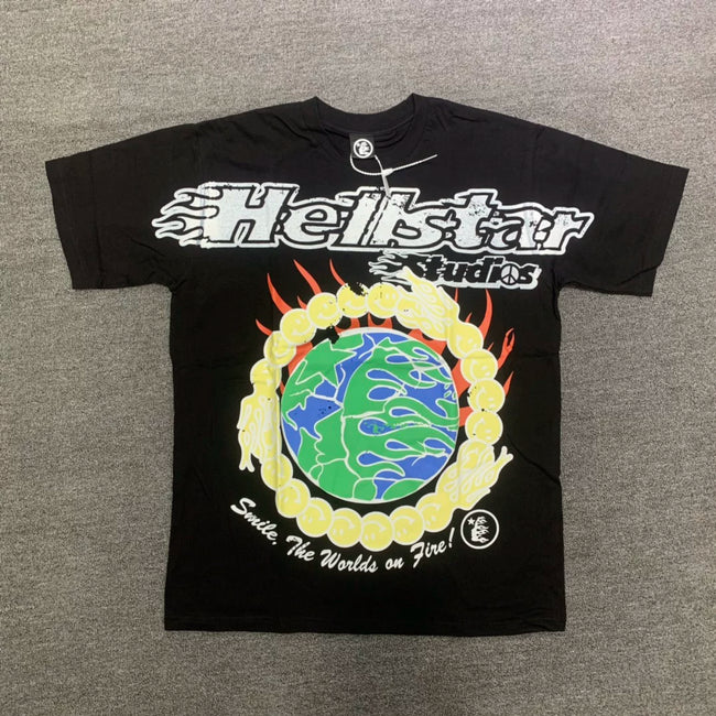 HELLSTAR Studios Smile The World Is On Fire Vintage Washed Short Sleeve Tee Black Streetwear T‑Shirt Hover Image