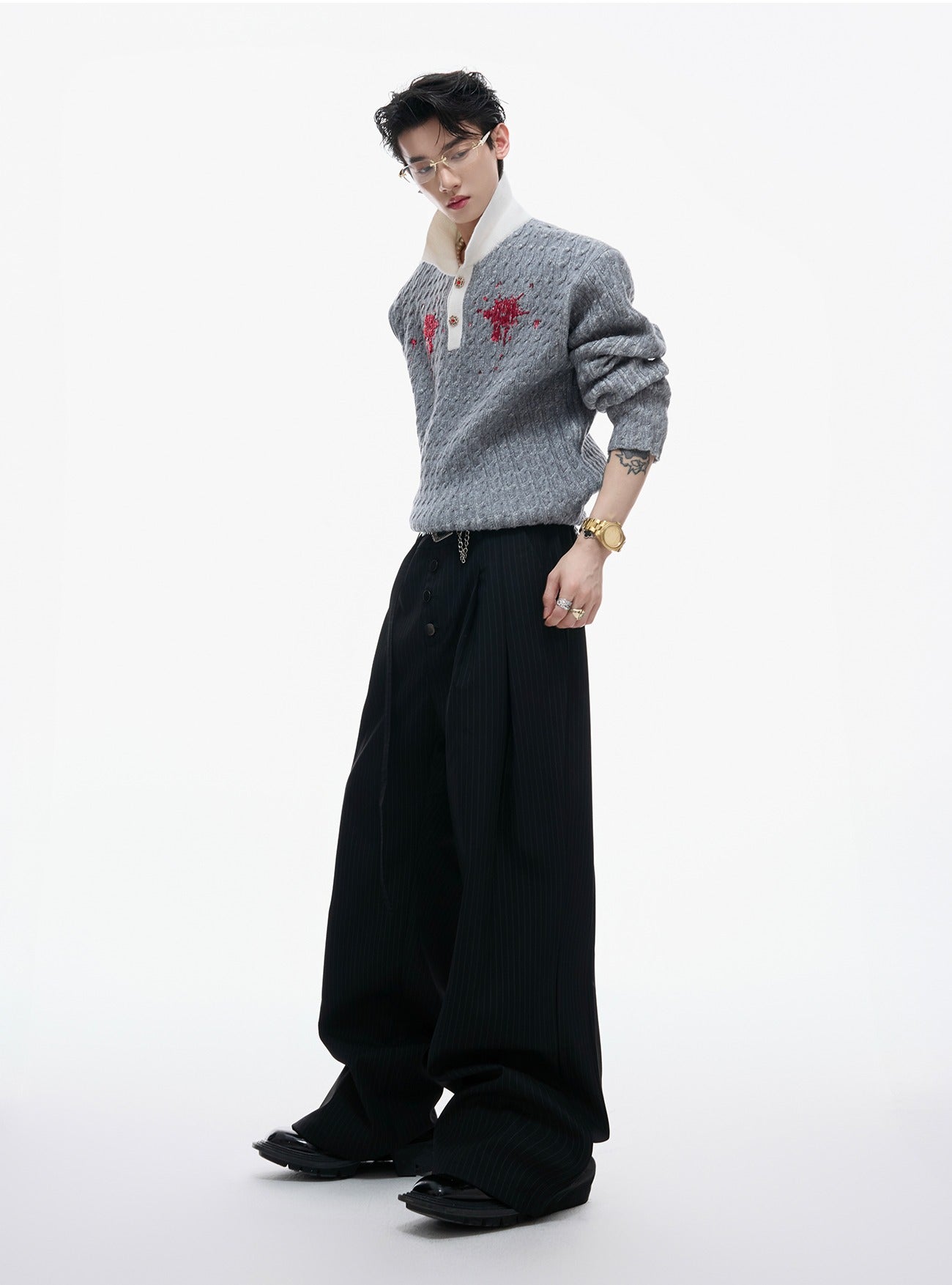 Sequined Lapel Knit Sweater