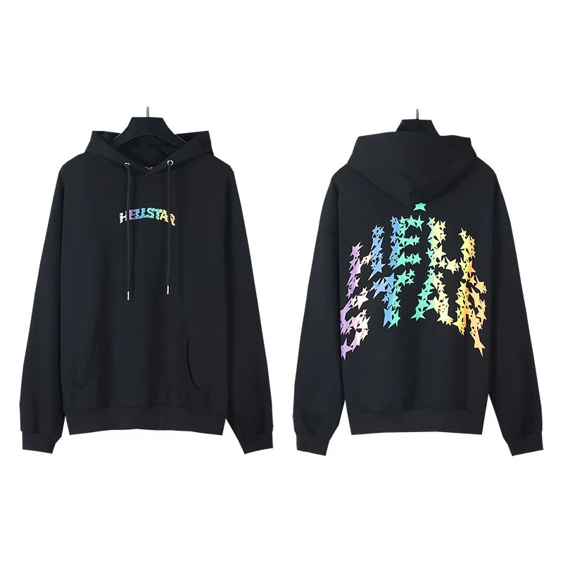 HELLSTAR Gradient Thorn‑Font Logo Oversized Black Hoodie Streetwear Sweatshirt