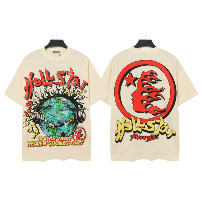 HELLSTAR Records Distressed Globe Graphic Double‑Sided Vintage Washed Short Sleeve Tee Cream Streetwear T‑Shirt Hover Image