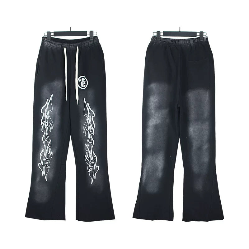 Hellstar flare black pants Niche wash water splicing hooded sweatshirt suit trousers flared pants (36)